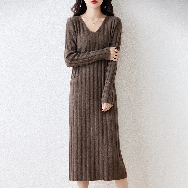 Hot Sale Women 100% Merino Wool Sweater Dress 2023 Autumn/Winter New Female Solid Warm Dresses Casual Basic Knitted Pullover