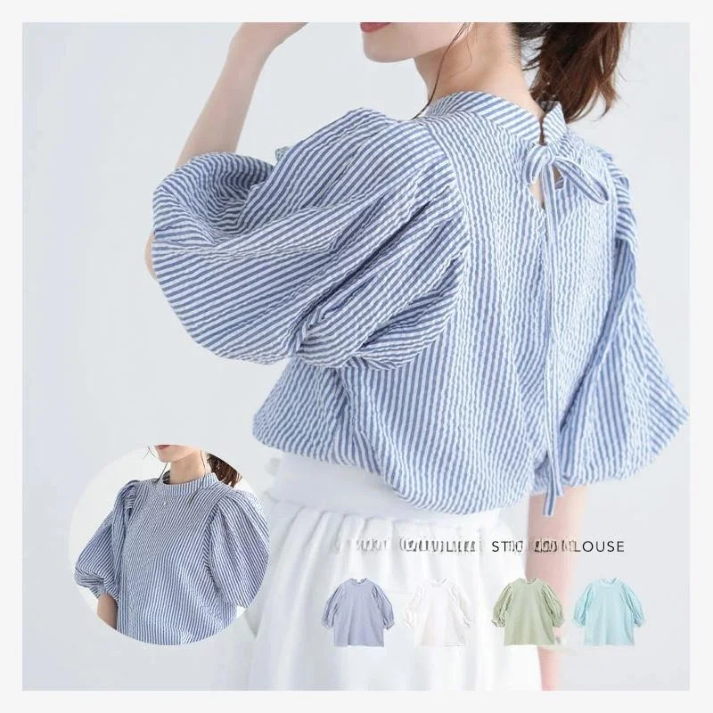 

Sweet Sle Loose Women's Bubble Sve irt Korean Striped Small round Stand Collar ort Sve Sweet Match Bubble Blouse