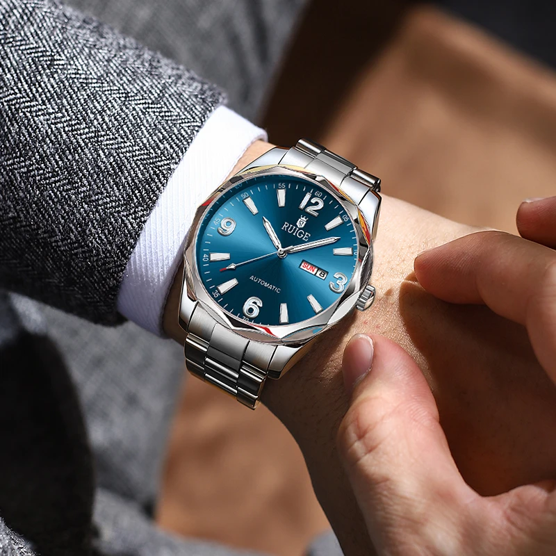 RUIGE   Stainless steel watch chain with luminous automatic mechanical watch, fashionable and trendy casual gift for men