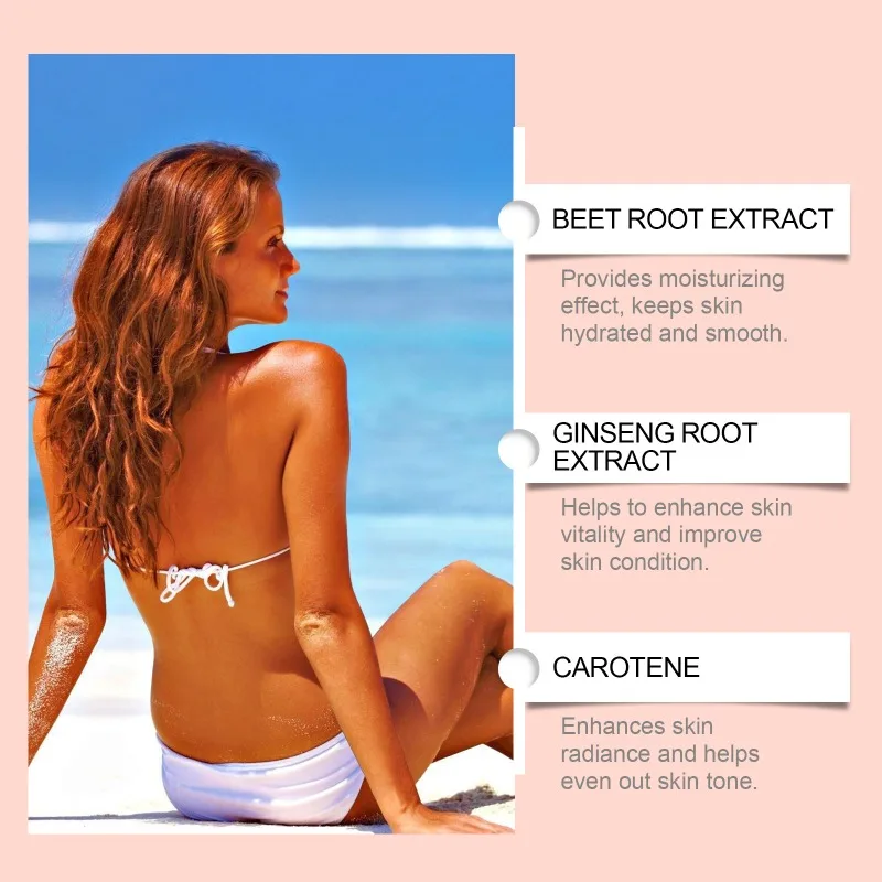 Essence de bronzage sans soleil, hydratant pour le corps, plage d'été, favorise l'hydratation du teint de blé