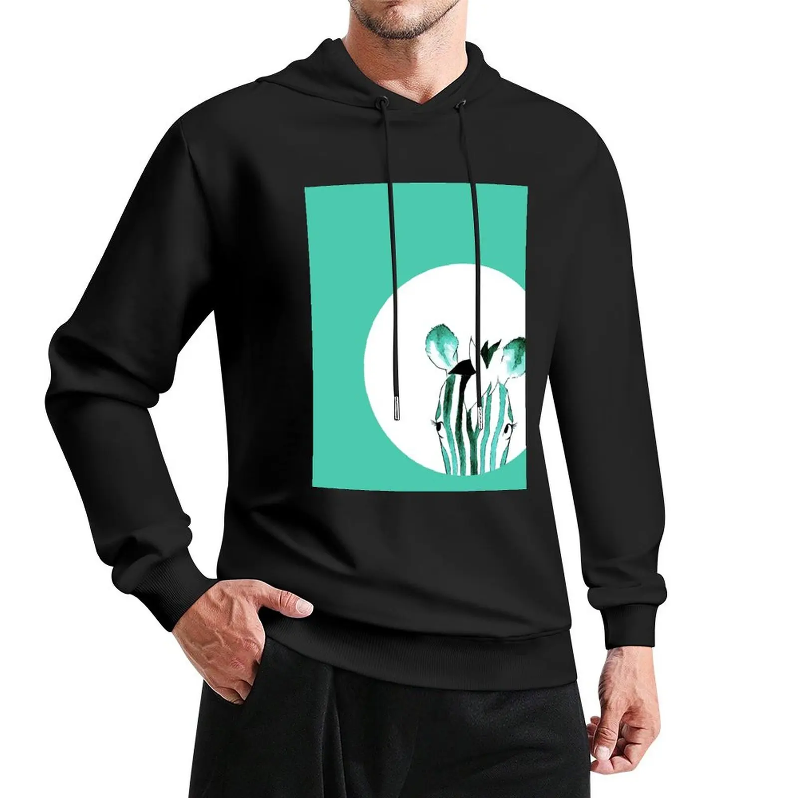 Teal Watercolour Zebra Pullover Hoodie men's winter sweater aesthetic clothing japanese style oversized hoodie