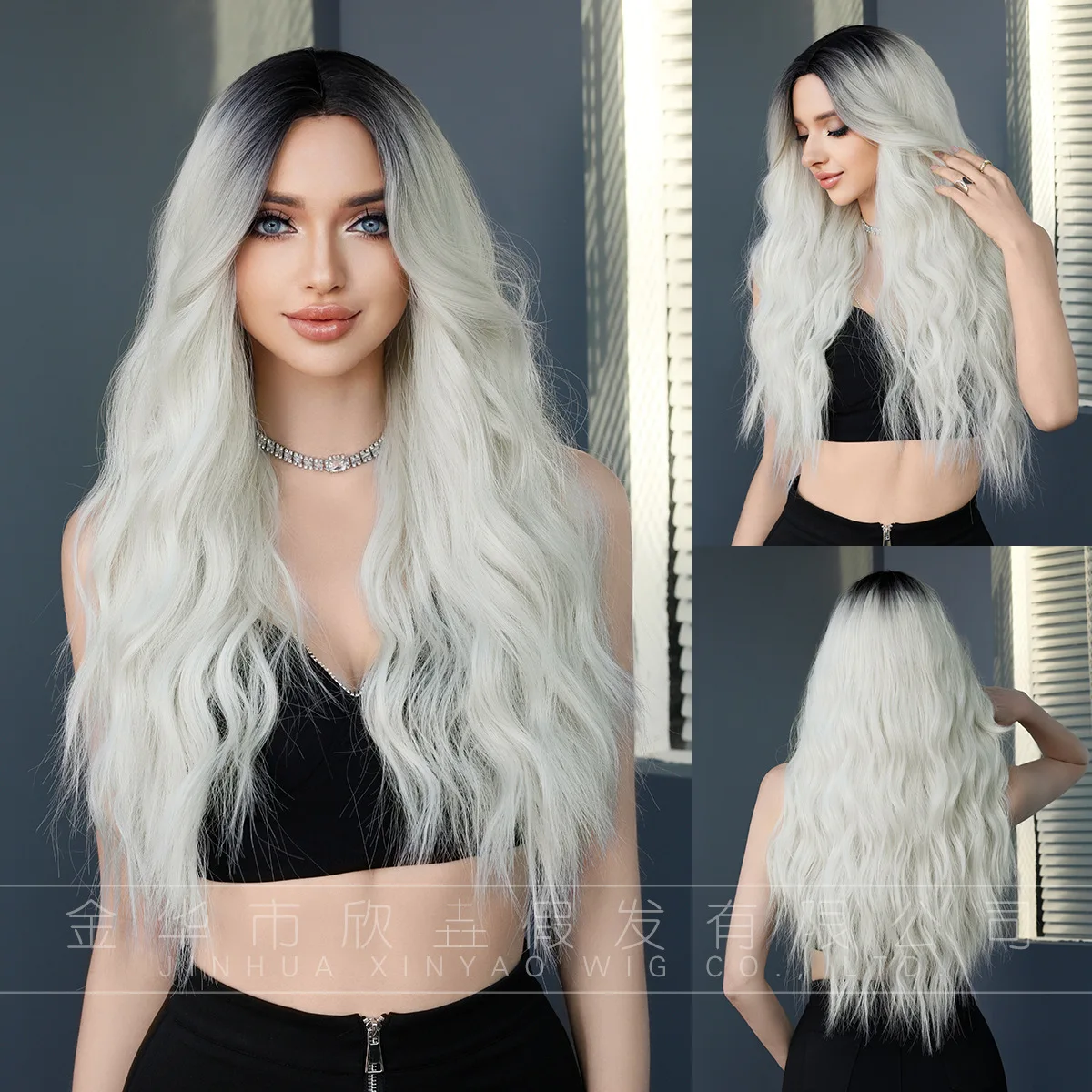 Mid length curly  with large waves and silver white top dyed Christmas wig full set