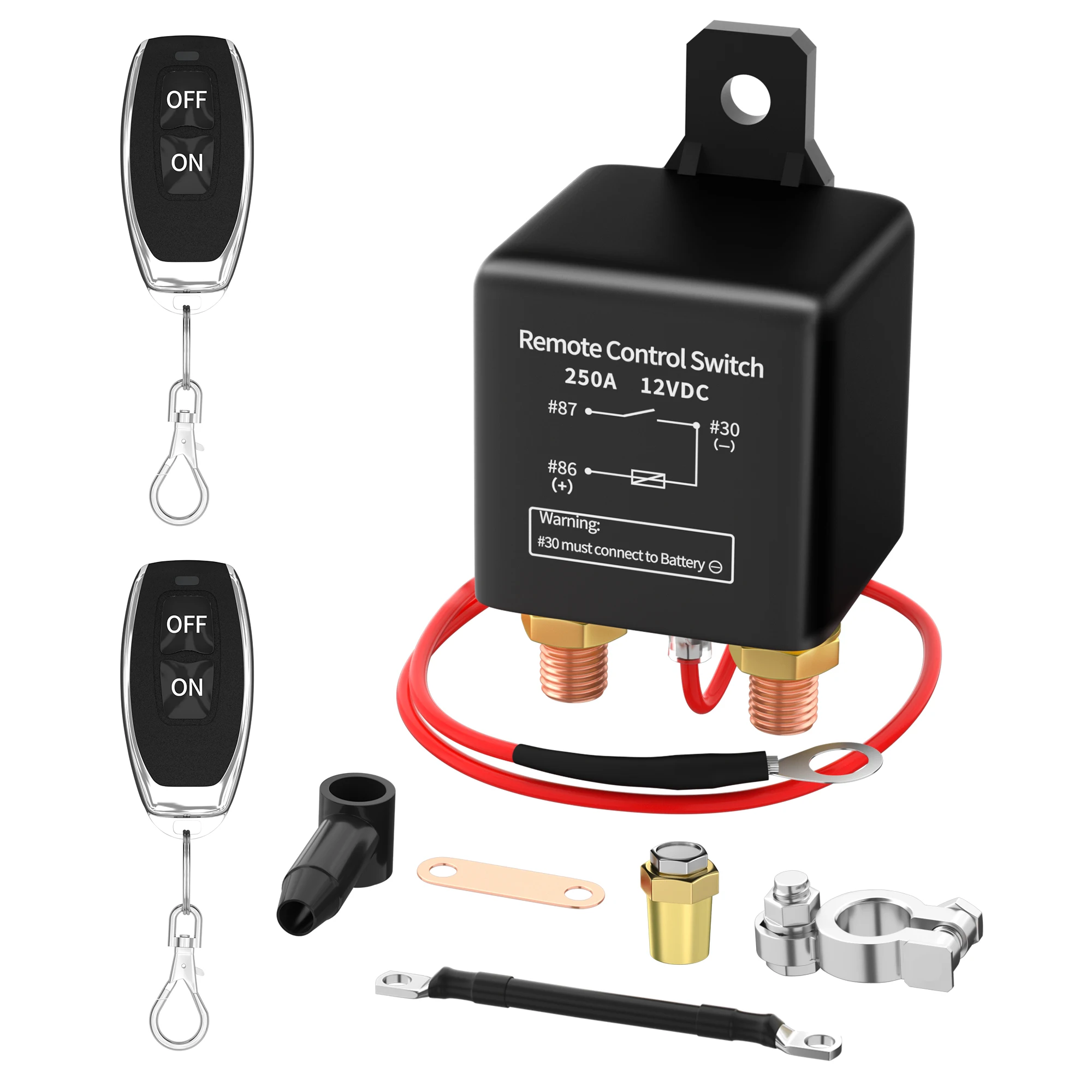 Kill Switch for Car 12V Remote Battery Disconnect Switch 250A Anti-Theft Remote Control Switch with Two Wireless Remote Control