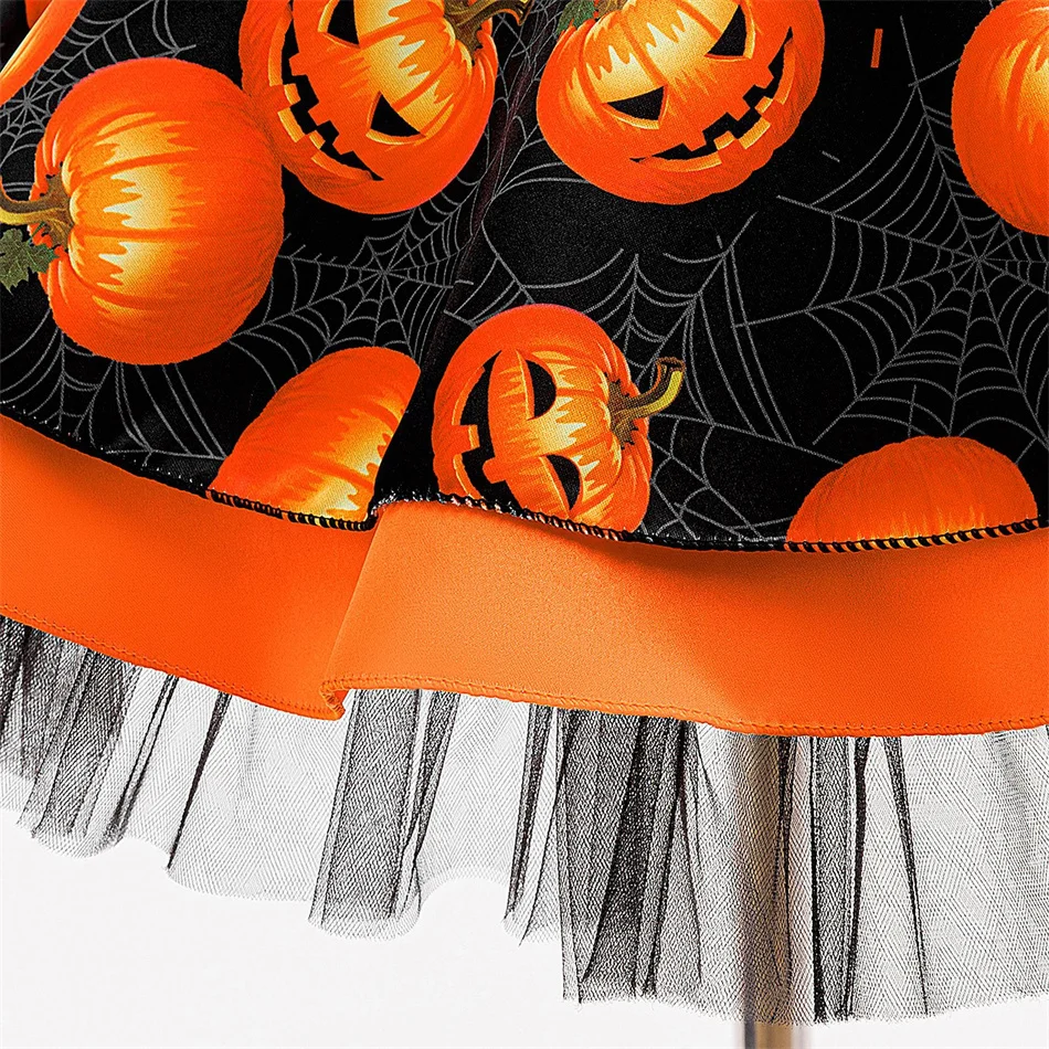 Toddler Pumpkin Print Halloween Party Cosplay Mesh Ball Gown Baby Girls Birthday Carnival Charm Cartoon Bow Princess Dress - view 4