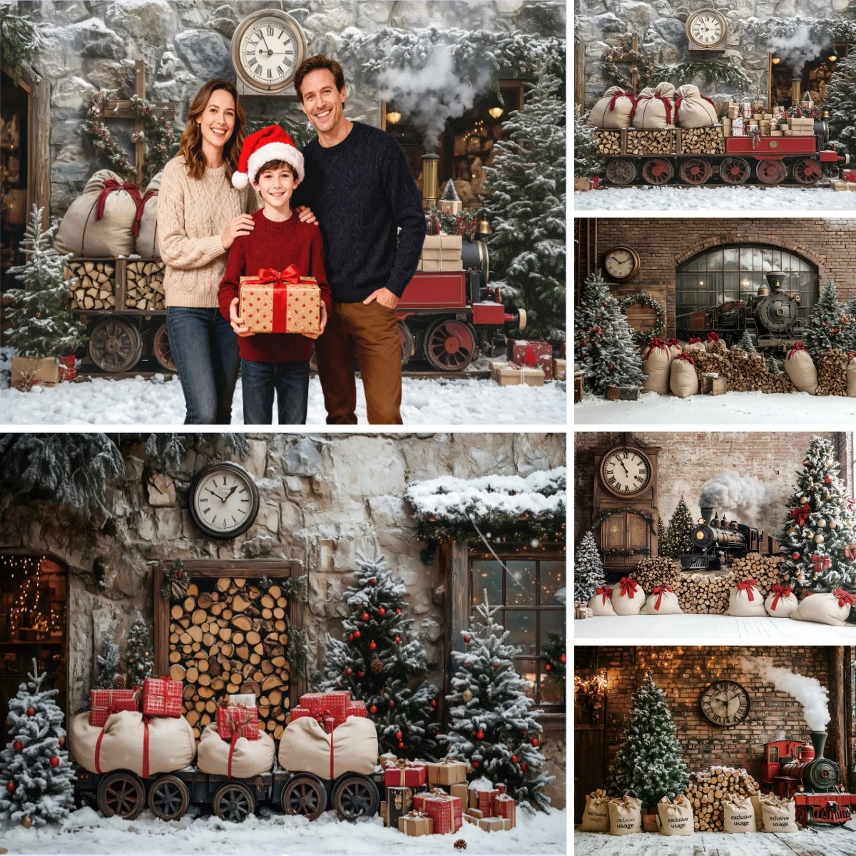 Christmas Photography Backdrops Retro Brick Wall Rustic Barn Train Clock Xmas Trees Kids Family Portrait Decor Photo Background