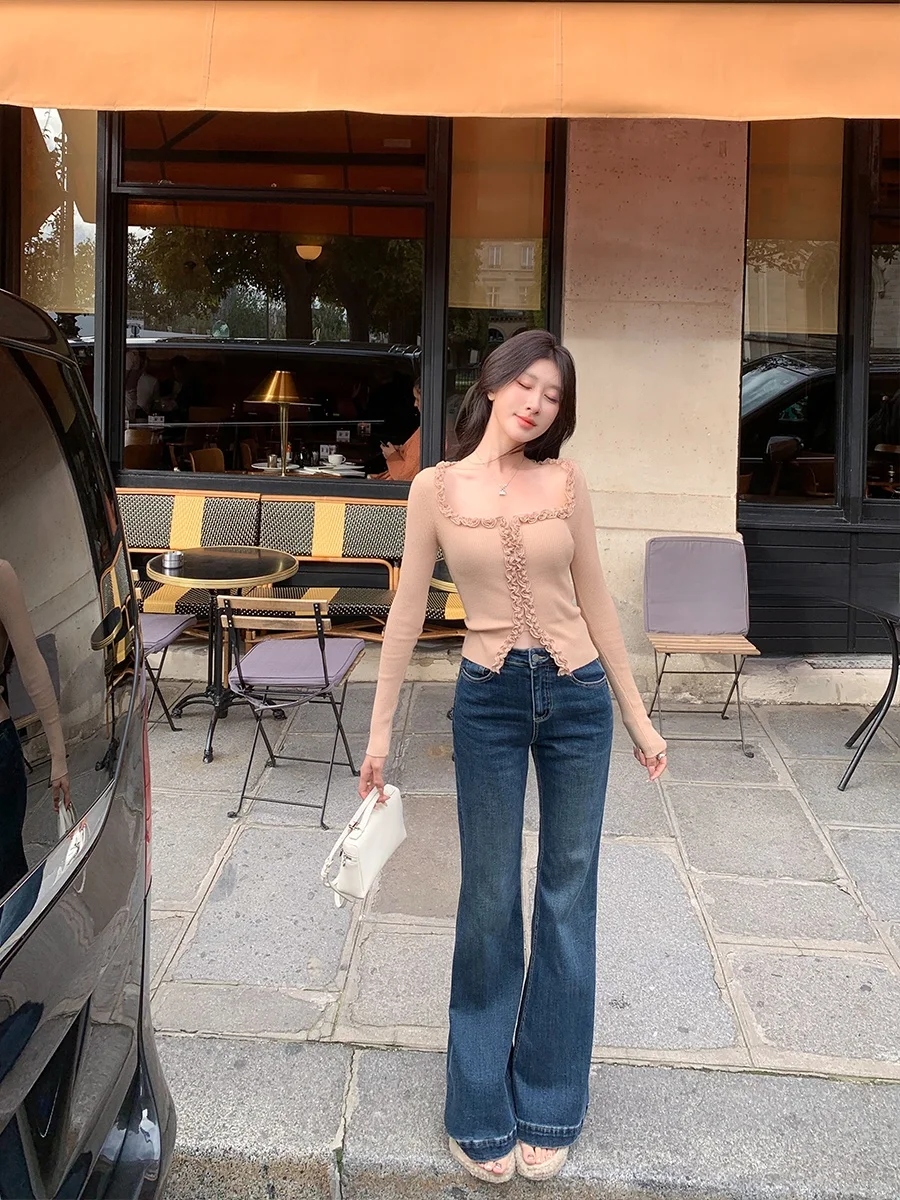 

Джинсы Achi Blue Fce с подкладкой, широкие штанины, высокая талия, прямой крой, эластичные, стройнящие, длинные брюки, свободные, универсальные, из хлопкового стрейч-денима