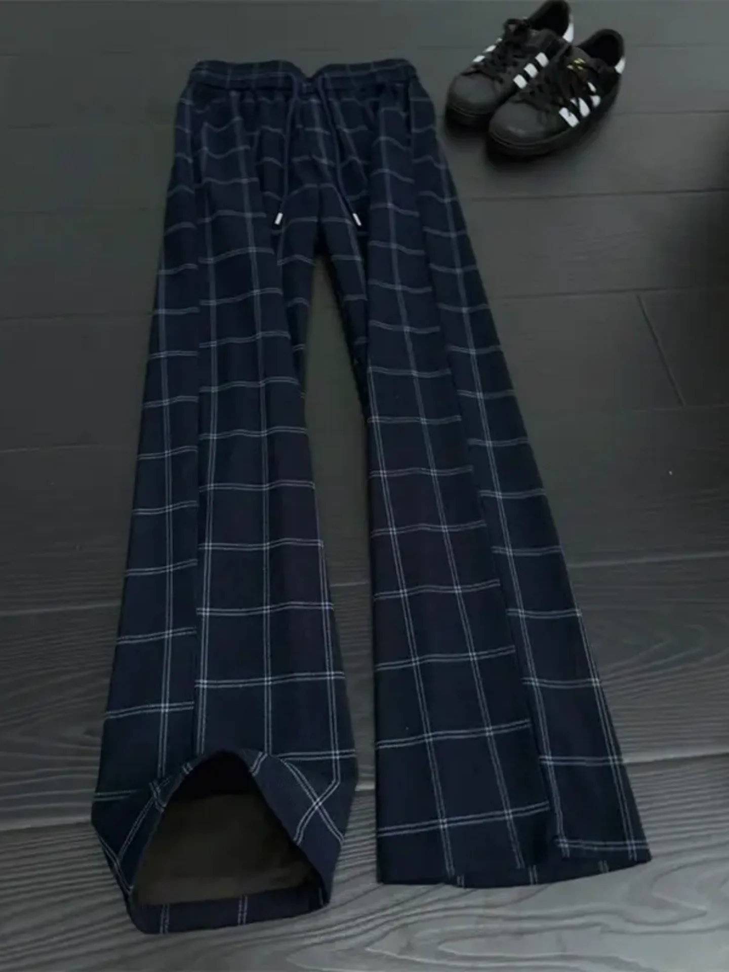 Cleanfit Black Plaid Wide Leg Pants Men's Drapey Elastic Waist Straight Cut Casual Trousers American Retro Grid Leisure Pants