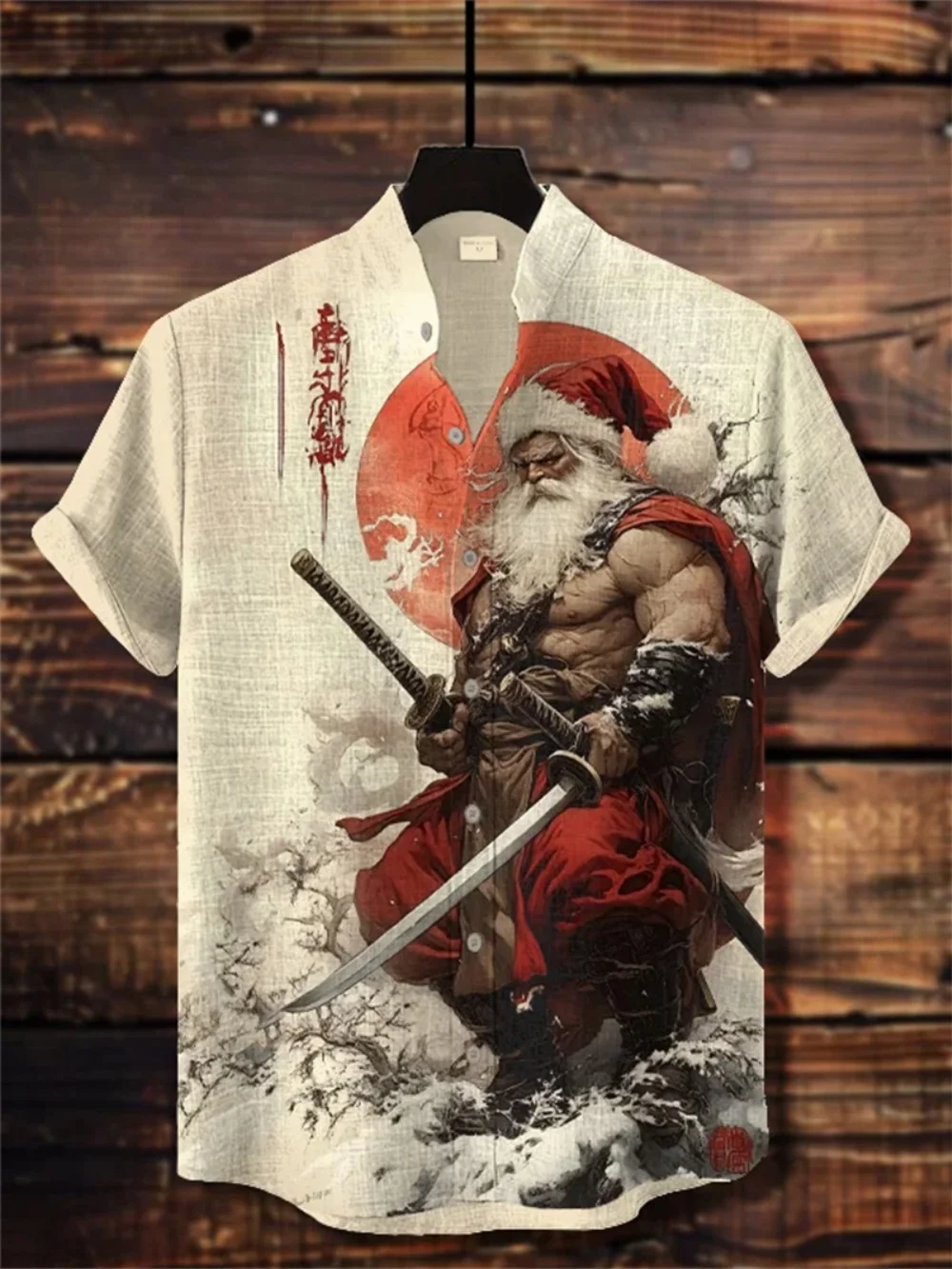 

Men's Vintage Classic Santa Claus Fantasy Style Printed Short Sleeve Linen Shirt Stand up Collar Unique Clothing