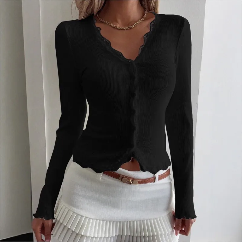 Casual Solid Color Cardigans Women's Clothing T Shirt Tees Long Sleeve Tops Blusas Lace Patchwork V-link Simple Style All-match