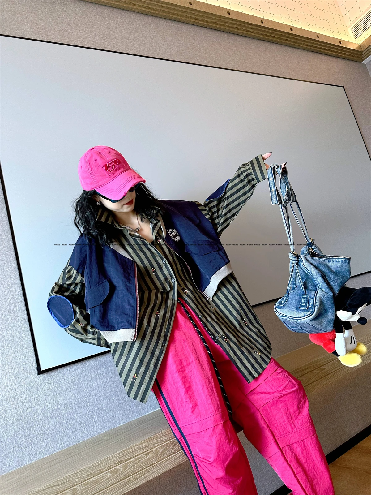 High-end Loose Striped Shirt for Women Mid-length Boy Friend Style Oversized Cartoon Patch Polo Neck Long Sleeve Shirt for Women