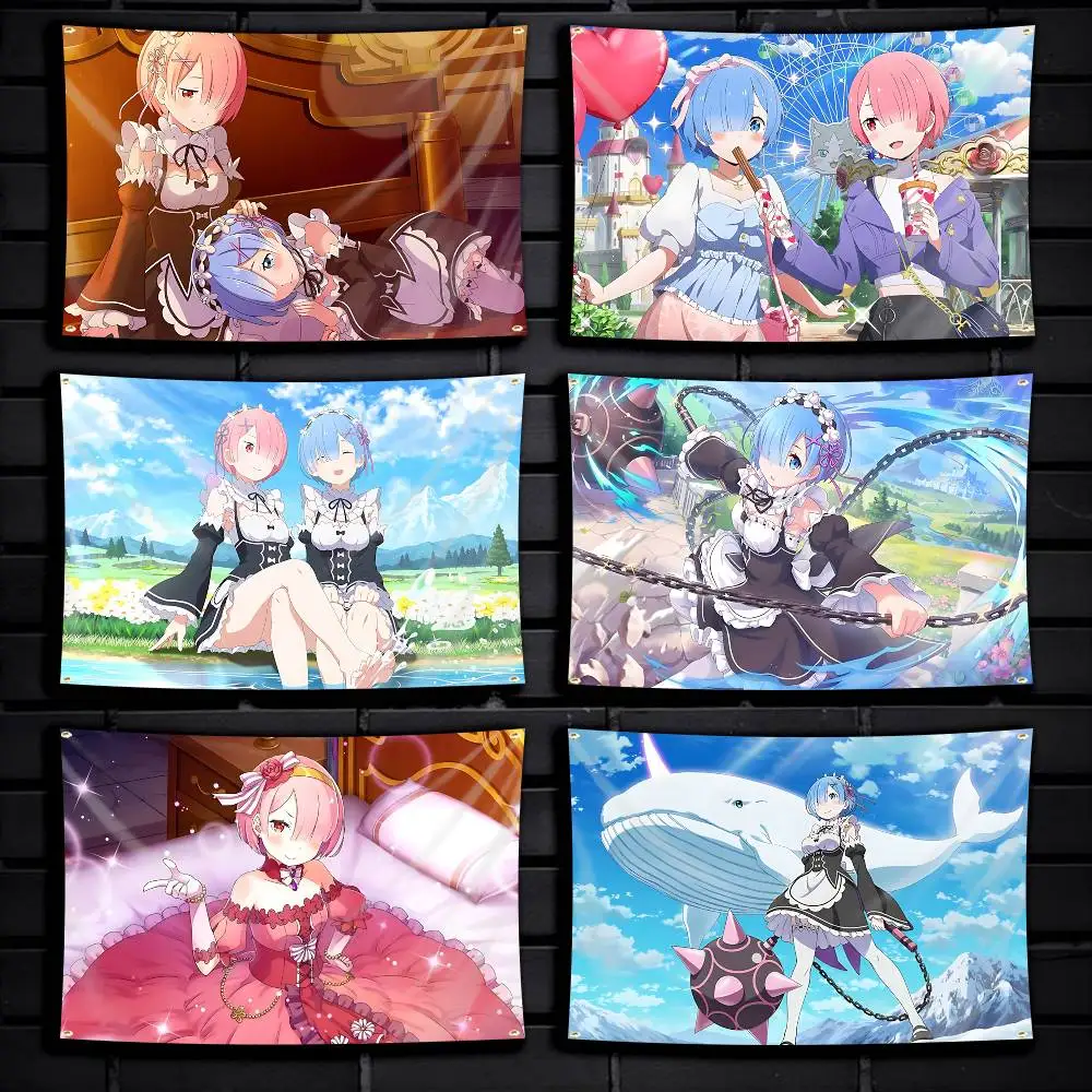 Rem Ram Anime R-RE-ZERO Flag Tapestry Banner for Bedroom Living Room Outdoor Camping Custom Supported