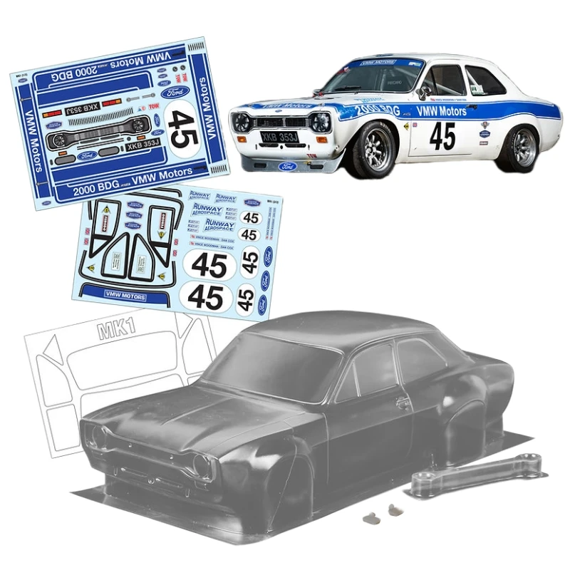 1/10 Ford Escort MK1 Clear Lexan Body shell W/Light Buckle + 3D Mirrors, RC Rally Car shell, 258mm Chassis, Tamiya tt01 tt02