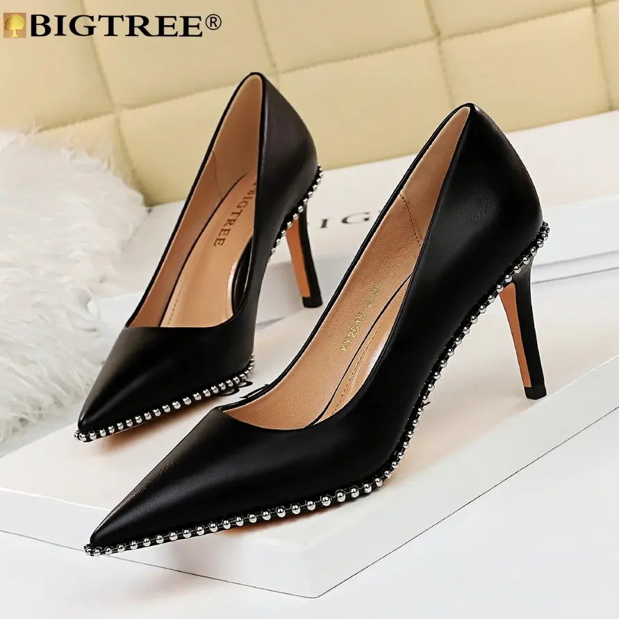 

BIGTREE Star Style Luxury High Heels Sexy Pumps Wedding Rivet Pointed Toe PU 7.5CM Thin Heels Mature Office Career Women Shoes