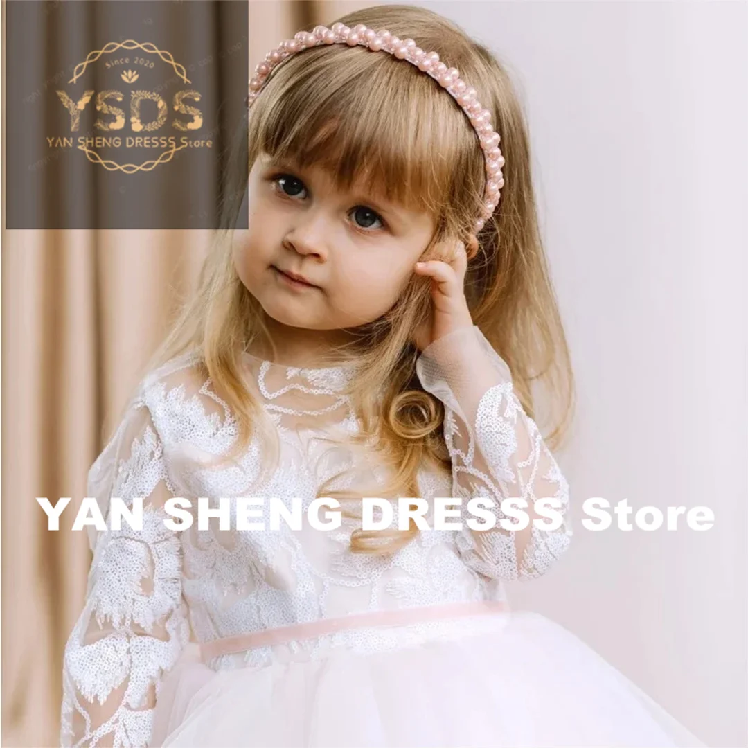 Vestidos de flores para niña, apliques de tul blanco con cinta rosa, manga larga para boda, fiesta, cumpleaños, vestidos de comunión