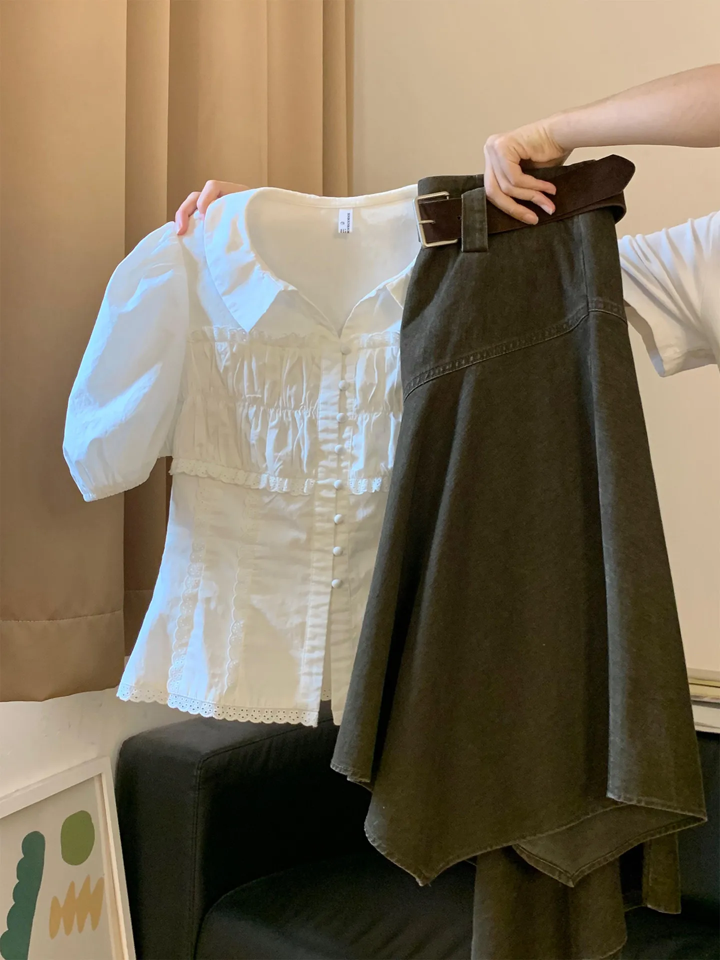 

Korean Style Half Skirt And Shirt Set Women's Summer Fashion Bubble Sleeve Lace Trim Top And Bottoms Two-Piece Ensemble