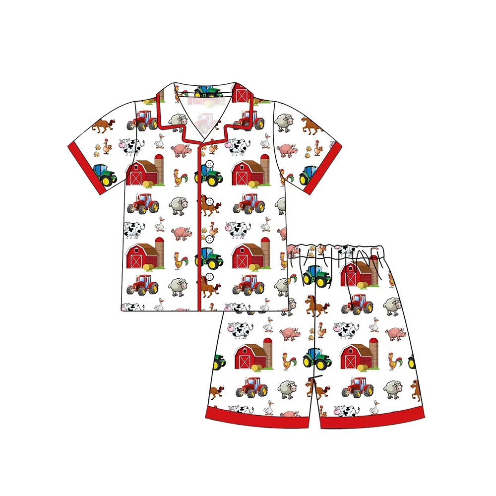 Toddler Farm Print Pajama Set Cute Tractor Animal Pattern Short Sleeve Sleepwear Boutique Casual Nightwear for Baby Boys & Girls