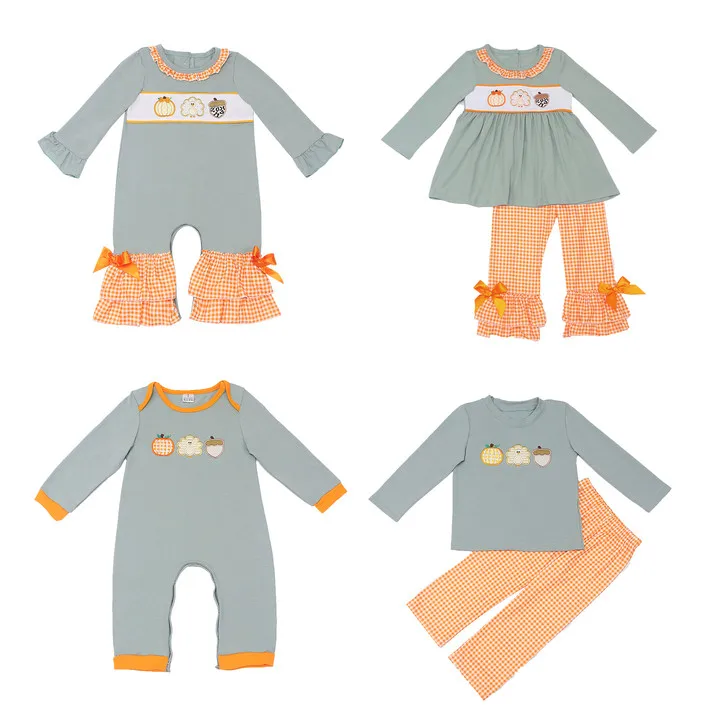 Baby Cotton Long Sleeve T-shirt Set Round Neck Turkey And Pumpkin print Boy Grey Top Clothes And Orange Lattice Pants With Bow