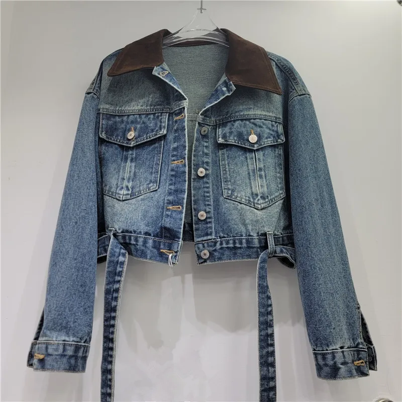 Korean Contrast Color Lapel Patchwork Short Denim Jacket With Sashes Women Light Blue Dark Blue Long Sleeve Jeans Jacket Coat