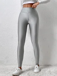 New European-style Gray Glossy Leggings High-waisted Solid Color Nine-point Pants Fashion High-stretch Waist Tight Leg Pants