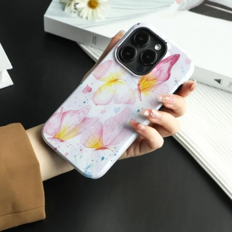 حافظة هاتف مغناطيسية لهاتف آيفون 17 16 15 14 13 12 11 16e Air PRO Plus غطاء مقاوم للصدمات على شكل فراشة وردية من الأكريليك الصلب #1