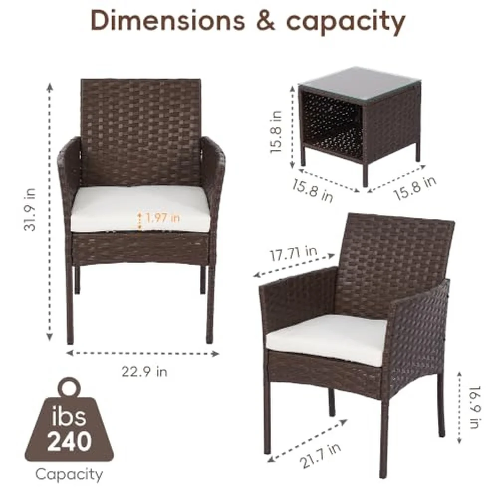 3 Piece Patio Furniture Set Wicker Chairs with Side Table Brown