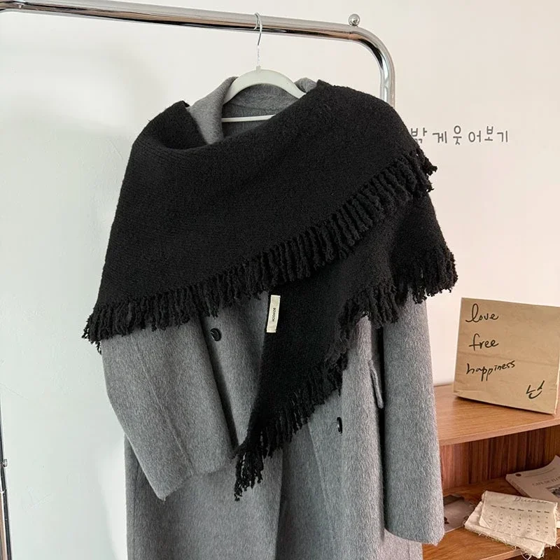 Korean Style Elegant Solid Wool Blend Wrap Women Winter Fall Versatile Tassel Thickened Warm Triangle Towel Knitted Woolen Scarf