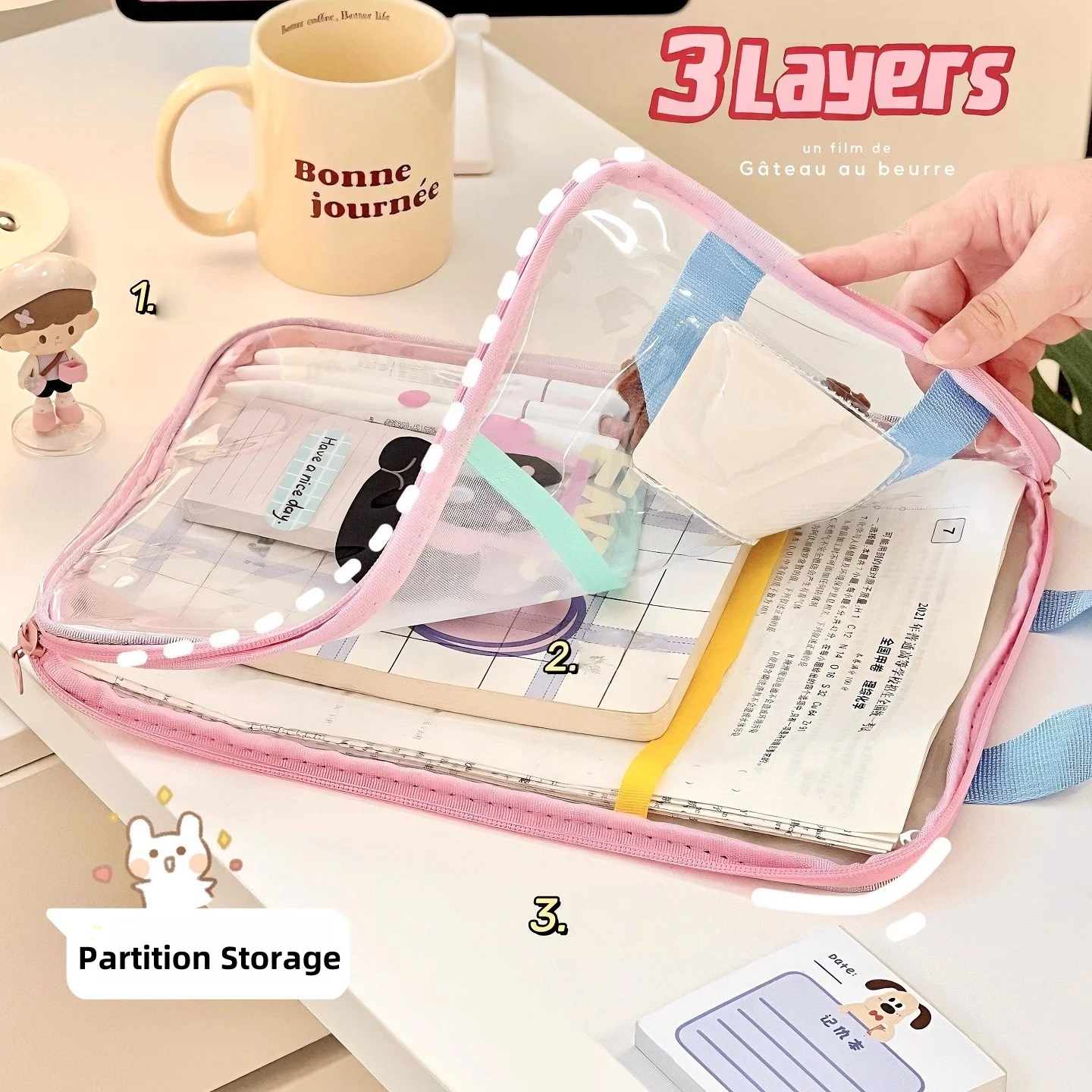 

Милая мультяшная сумка для файлов, большая вместительная портативная прозрачная водонепроницаемая ручная папка-органайзер для файлов, 3-слойная сумка для хранения файлов