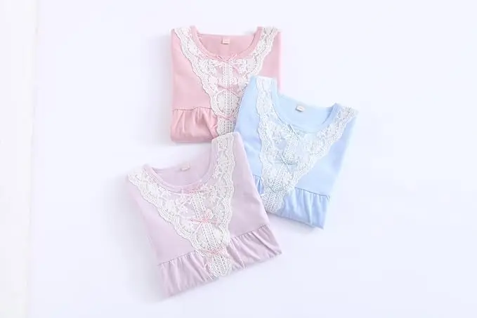 Little Hand Children Girls Long Sleeve Nightgown Lace Decor Soft Sleep Dress Casual Home Wear Kids Nightdress for 3‑10Y