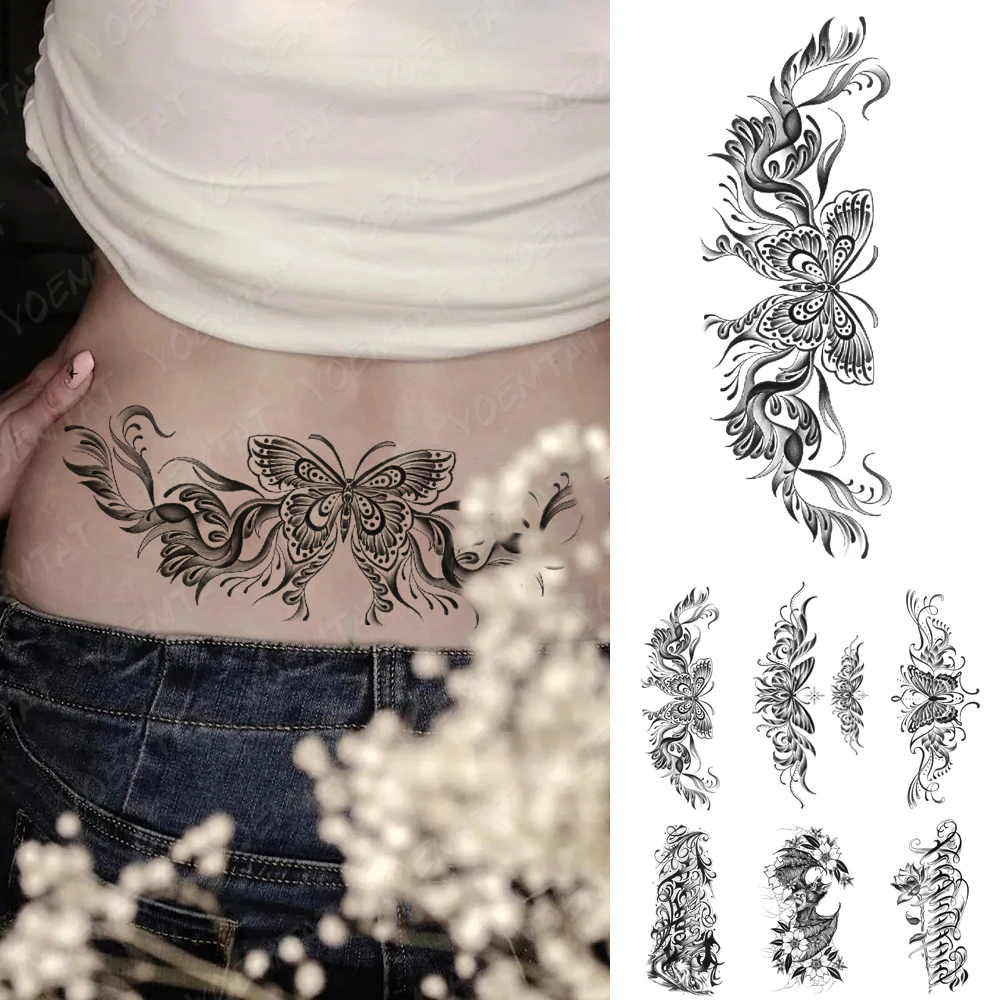 

Sexy Henna Butterfly Lotus Flowers Totem Waterproof Temporary Tattoos Sticker Flash Tatoo Waist Women Fake Tattoo Body Art Men