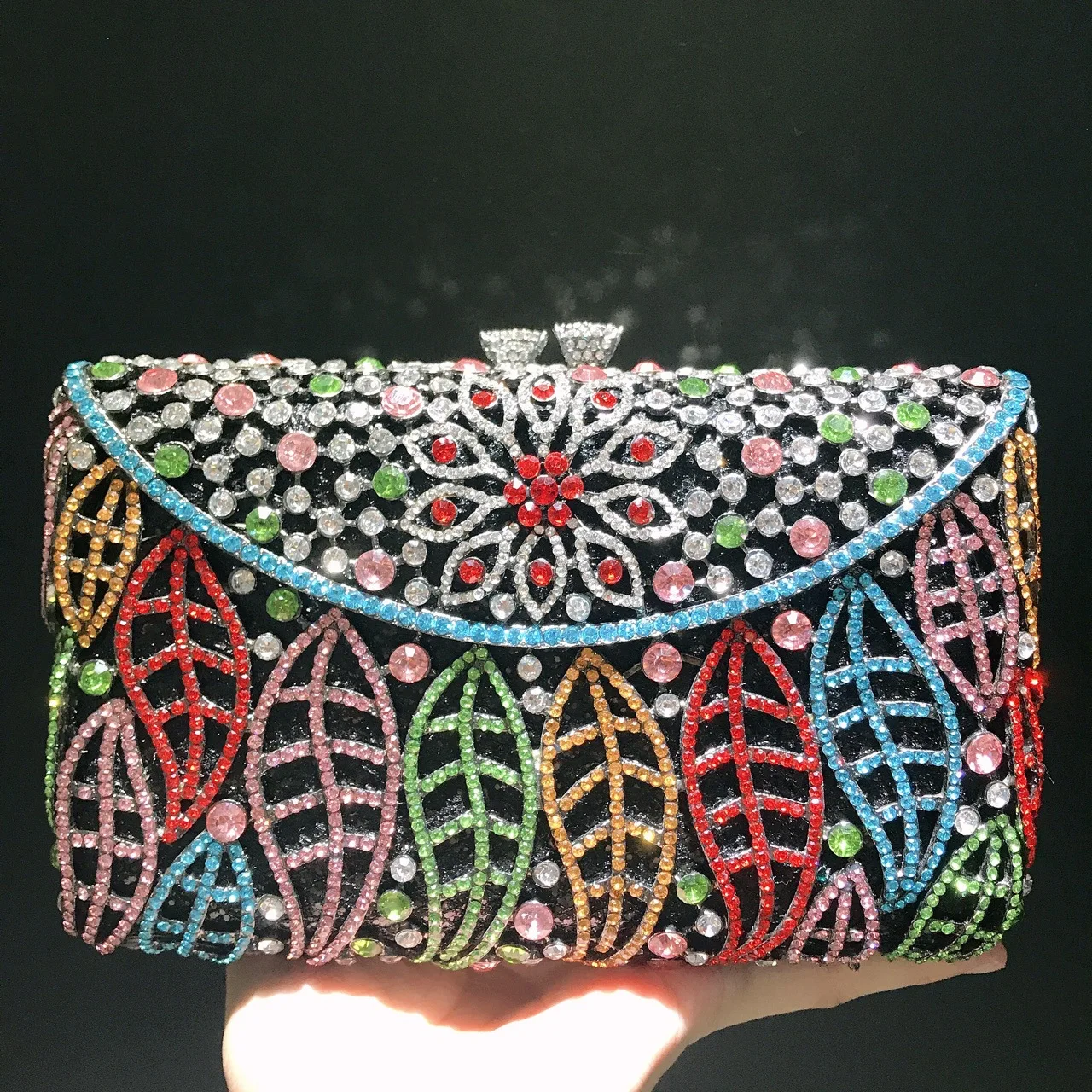 Silver Rhinestone Evening Purses 9 Colors Wedding Bag Crystal Flower Leaves Bridal Dinner Clutch Minaudiere Luxury Girls Money