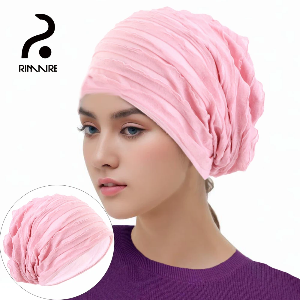 RIMAIRE Cotton Pure Color Muslim Hijabs for Women Hat Style Hijab with Ripple Decoration Elastic Comfortable and Soft Headscarf