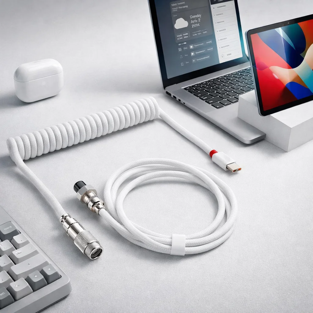 1.5M/59inch Custom Coiled USB C Cable for Mechanical Keyboard, Double-Sleeved Type-C to USB-A Cord with Detachable Metal Aviator Plug, 5V/1.5A Gaming Keyboard Cable with Velcro Strap