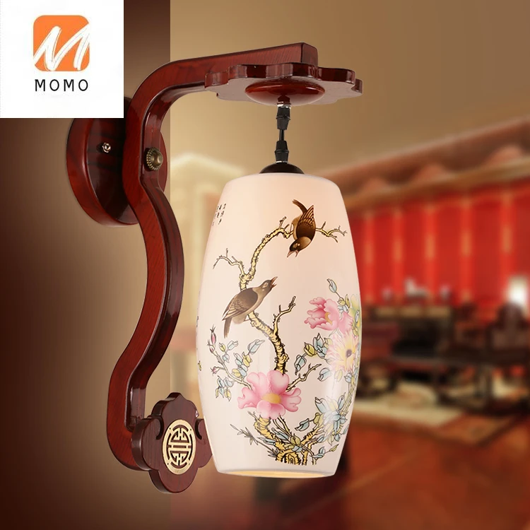 Chinese Ceramic Wall Lamp Retro Wooden Ceramic Led Living Room Study Bedroom Corridor Bedside Wall Lamp