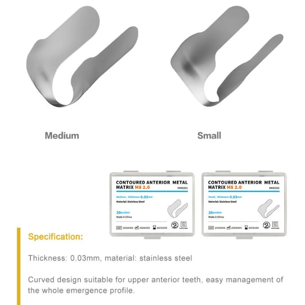 

Набор стоматологических матриц, 30 шт., металлическая секционная матричная система для передних зубов, контурные и универсальные матрицы, стоматологические принадлежности