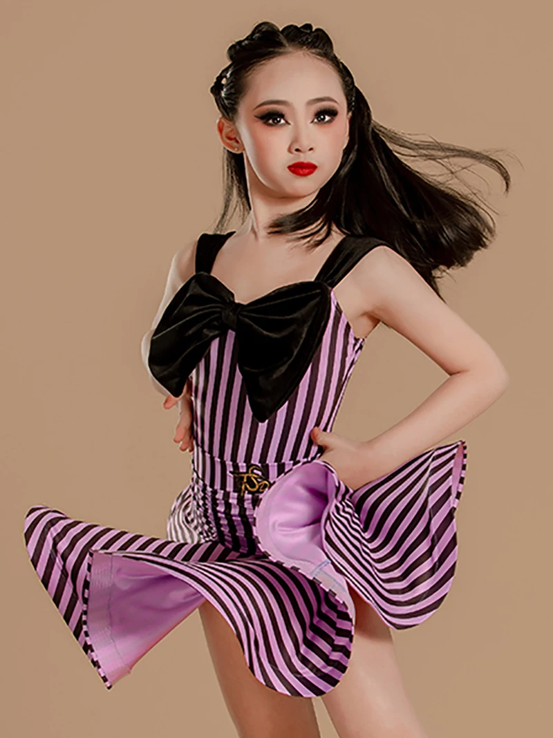 Paarse strepen strik Latin danskleding kindermeisjes bodysuit en vouw swing rokken pak ballroom danskleding trainingskostuums