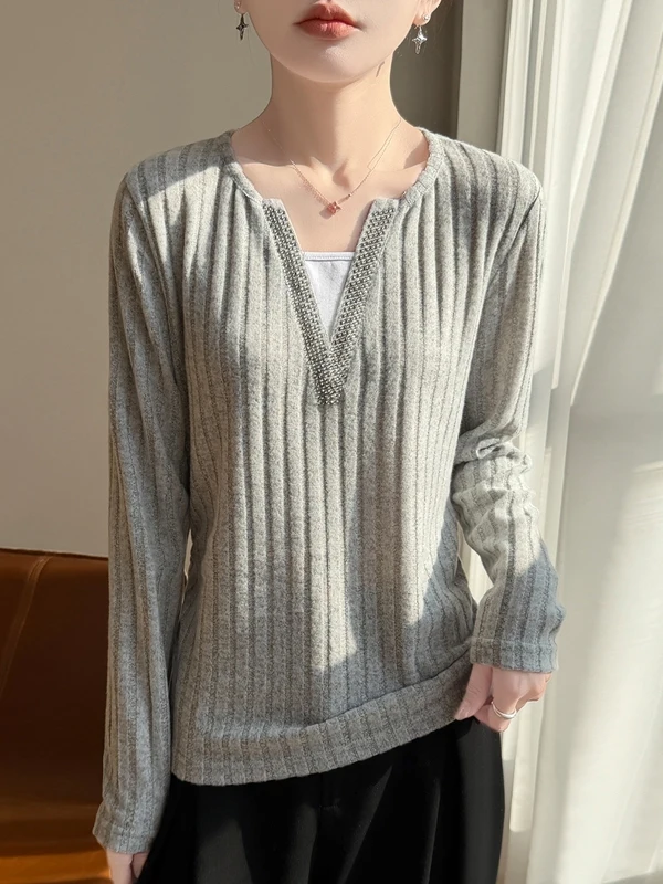 Spring Autumn Loose Women's Knitted V-neck Long Sleeve Fashionable Base Layer Diamond Heat-Insulating Soft Casual Style