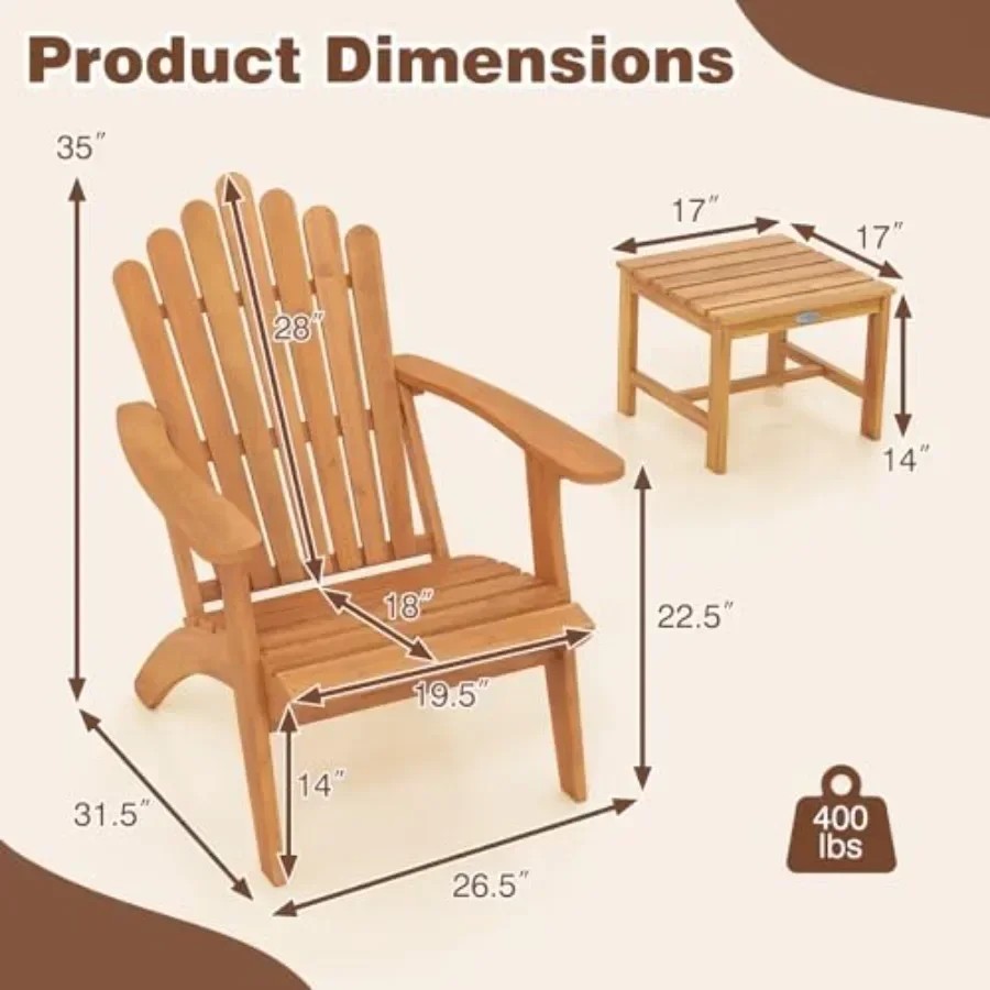 Adirondack Chair Set of 2 with Side Table 3 pcs, Natural for outdoor use, made of durable polywood, natural color, weather-resi