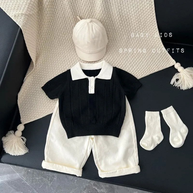 

Boys' Spring and Summer Set 2026 New Children's Collar Knitted Short sleeved T-shirt+Casual Pants 2-piece Set