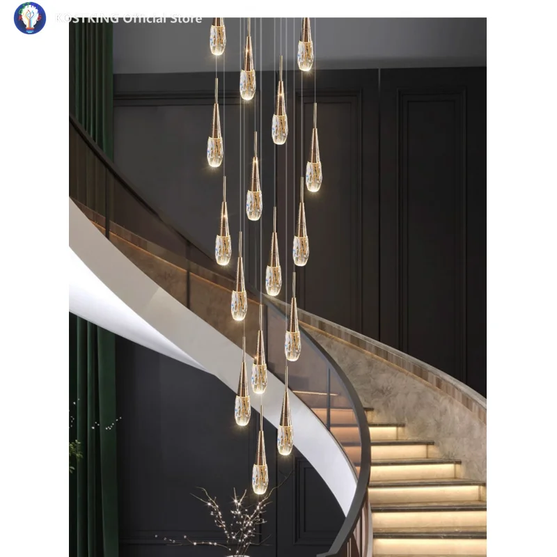 

Светодиодная хрустальная лестница, люстра, вилла, двойной чердак, потолочный светильник для гостиной, подвесной светильник для столовой, внутреннее освещение