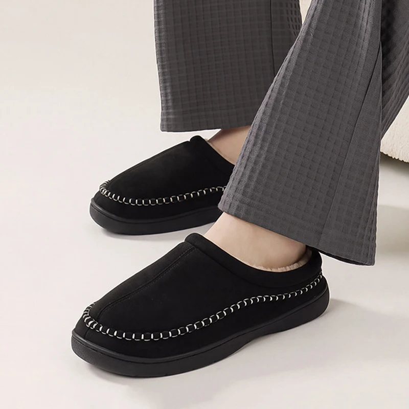 Plus Size 52 Men Suede Mule Slippers Winter 2026 Soft Non Slip Warm Plush Indoor Slippers Men Thick Bottom Cotton Home Shoes
