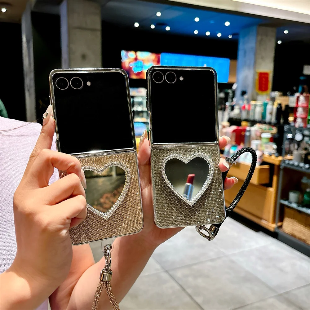 Luxury Glam Heart Makeup Mirror Phone Case for Samsung Galaxy Z Flip 8-3 Shiny Sparkling Rhinestone Wrist Strap Protective Cover