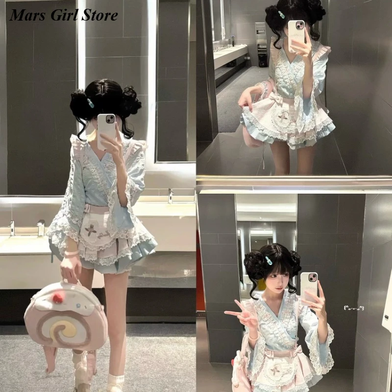 

Japanese Lolita Sweet Women Sexy 2 Piece Set Y2k Lace Patchwork Design Tops + Cute Slim Ruffle Skirt Female New Fashion Outfits