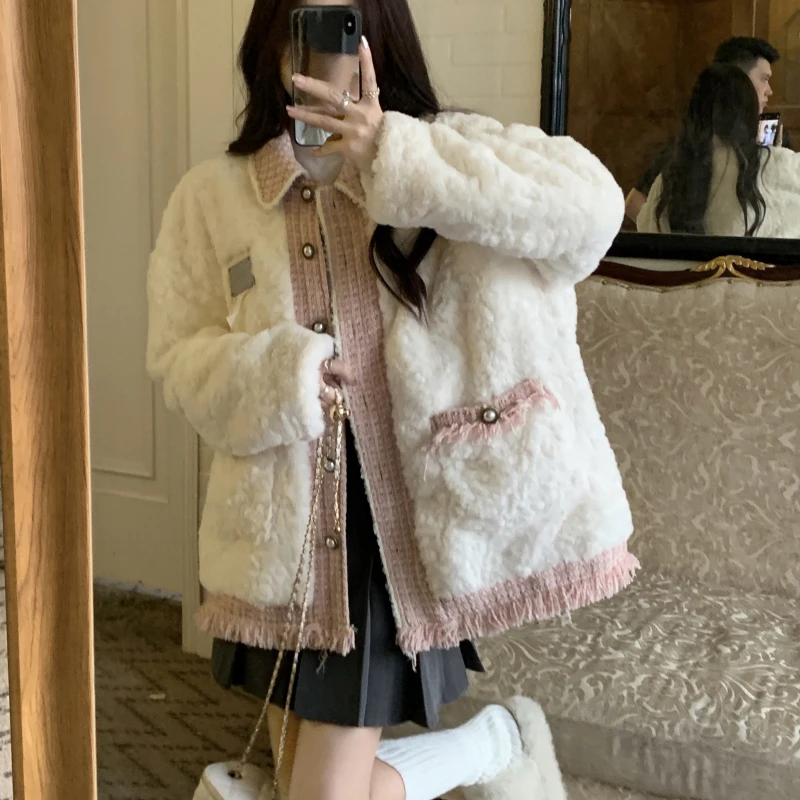 Spring 2023 New Wool Splicing Lambswool Coat Women\'s Fur One Lamb Jacket Female Elegant Clothes Single-Breasted Outerwears Tops