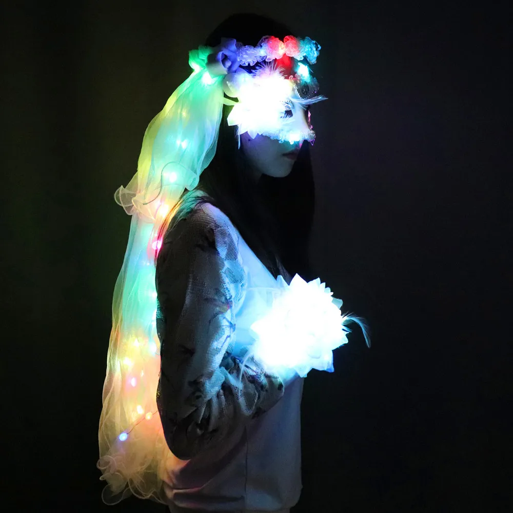 Colour LED Glowing Wreaths Veil Music Festival Party Electronic Sowing Equipment Stage Performance Veil Princess Hair ornaments