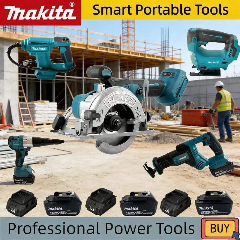 

Набор аккумуляторных инструментов Makita 18В: беспроводной перфоратор, заклепочник, мощный вентилятор, беспроводная пила, воздушный компрессор