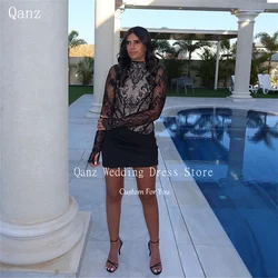 Qanz Sexy Nude Lining Prom Dress High Neck Lace Short Birthday Dresses Luxury Mermaid Long Sleeves Cocktail Dresses Customized