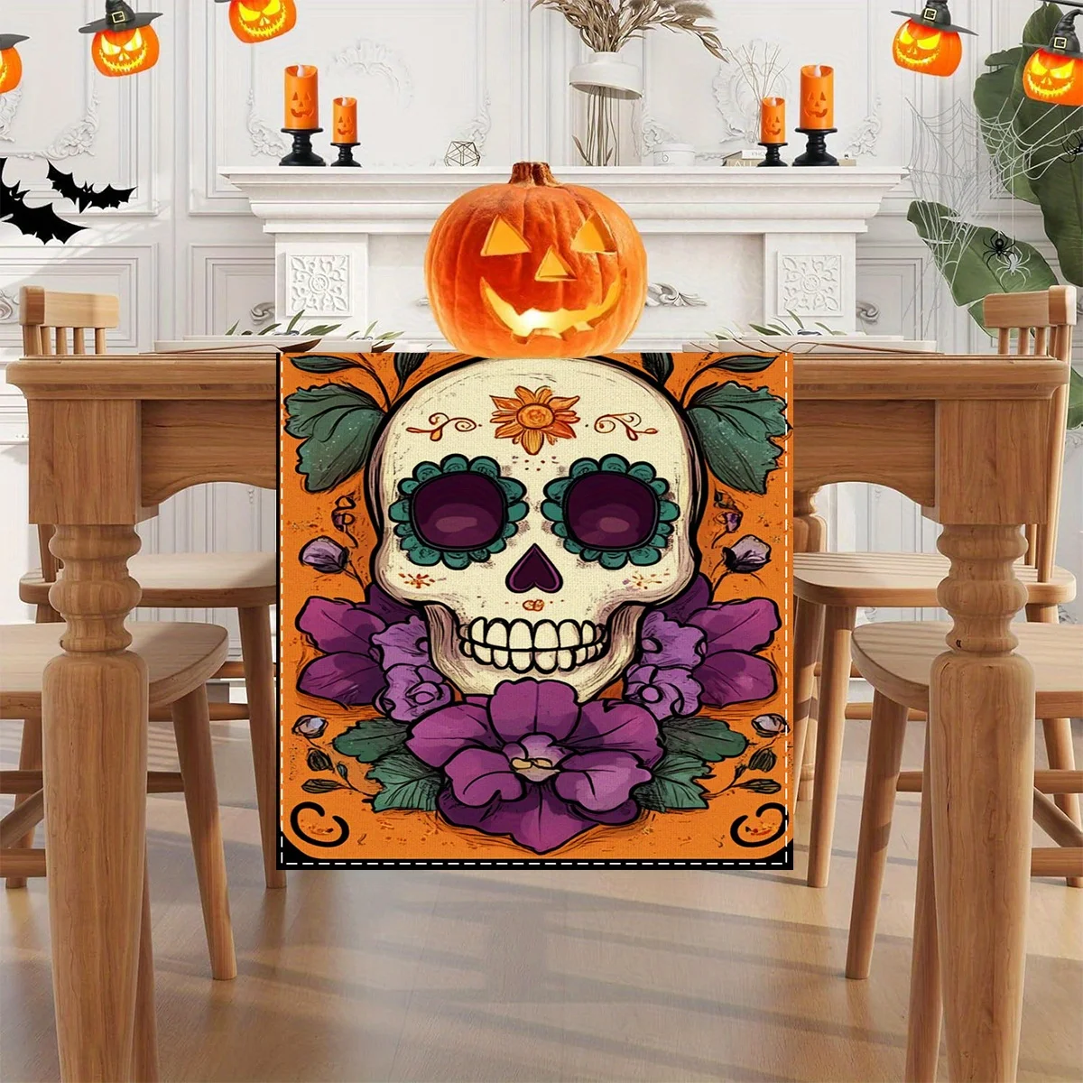 Mexican Day of The Dead Linen Table Runner for Table Decor Mexico Purple Floral Kitchen Dining Table Runner Halloween Decoration