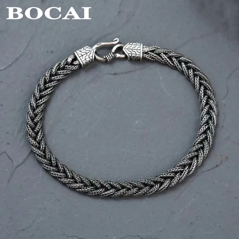 BOCAI New S925 Silver Exquisite Retro Fox Tail Hand Woven Fried Dough Twists Chain Trendy Lovers Bracelet for Men and Women