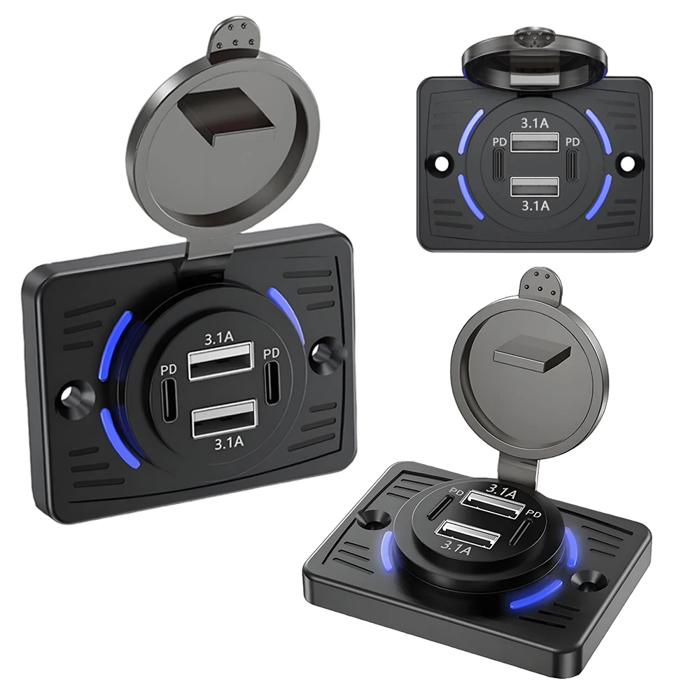4-Port 12V USB-Steckdose, Wandmontage-Ladeadapter, QC 22,5W PD 30W Typ-C Schnellladeanschluss, Ladebuchse, für Bus, ATV, LKW