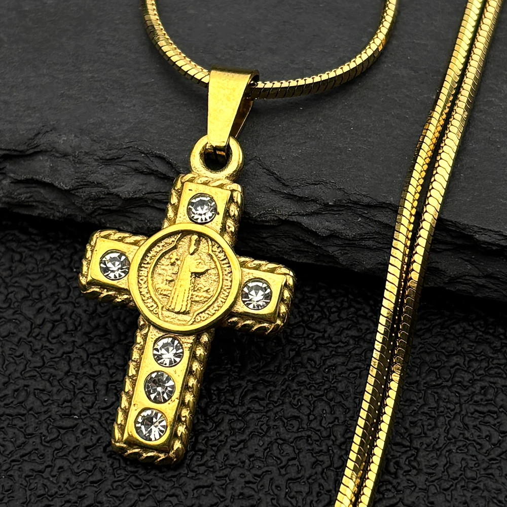 

Catholic Saint Benedict Cross Pendant Necklace for Women Men Gold Color Stainless Steel Rhinestones San Benito Chain Jewelry